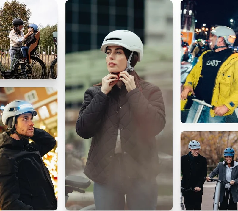 Lifestyle collage of riders wearing UNIT 1 helmets in winter commuting conditions.