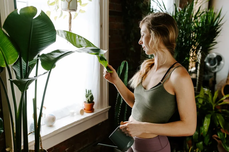 woman examining plants