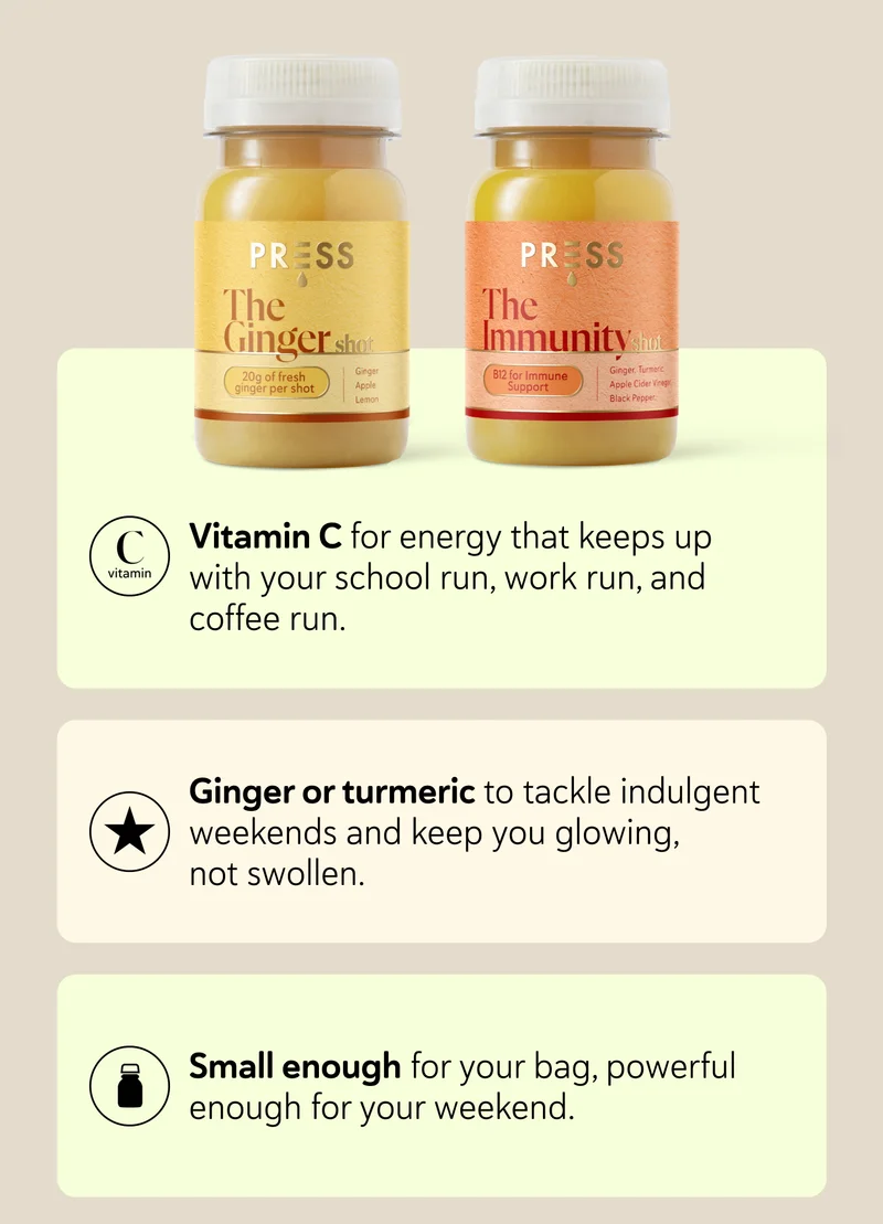 ✔️ Vitamin C for energy that keeps up with your school run, work run, and coffee run. ✔️ Ginger or turmeric to tackle indulgent weekends and keep you glowing, not swollen. ✔️ Small enough for your bag, powerful enough for your weekend