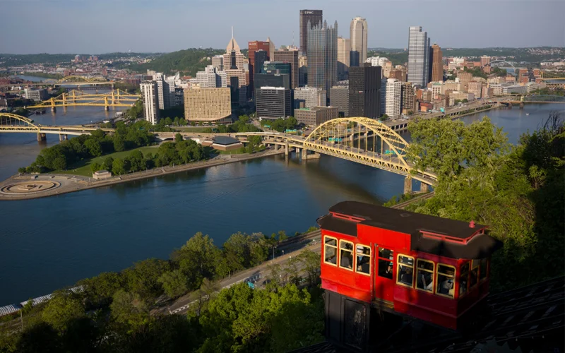The Duquesne Incline, a funicular that opened in 1877, carries passengers up Mount Washington in Pittsburgh, Pennsylvania.