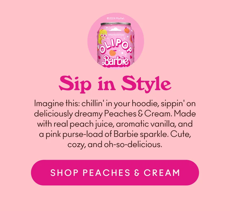 Imagine this: chillin' in your hoodie, sippin' on deliciously dreamy Peaches & Cream. Made with real peach juice, aromatic vanilla, and a pink purse-load of Barbie sparkle. Cute, cozy, and oh-so-delicious.