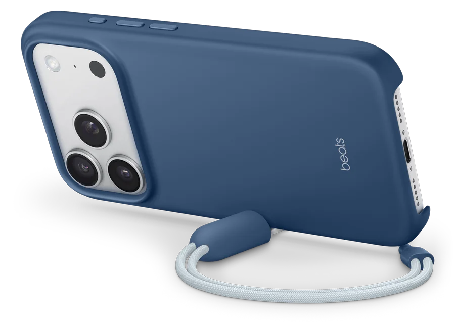 Closeup of the Beats iPhone 17 Pro Kickstand Case with camera cut-out, removable lanyard and kickstand