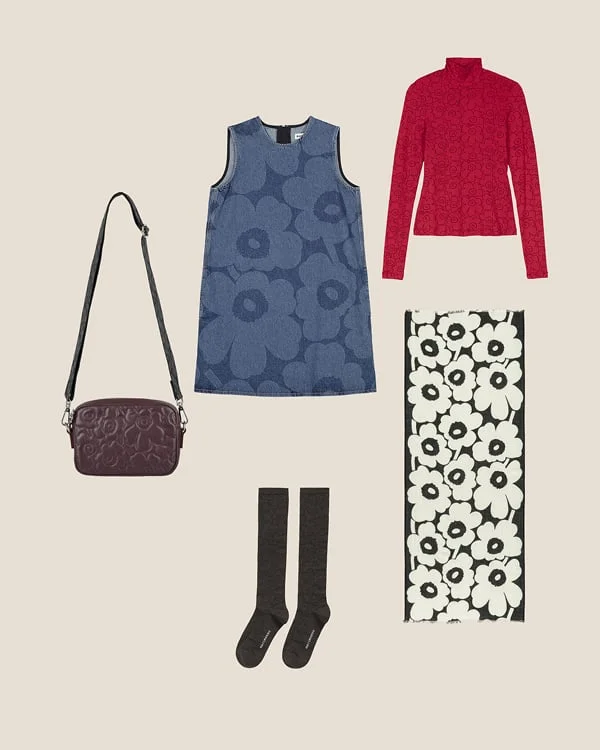 Clockwise from right: Solmia Piirto Unikko Turtleneck shirt, Fiore Unikko Scarf, Maalaus Piirto Unikko Socks, &nbsp;Soft Gratha Shoulder bag, and Maridenim Somasti Unikko Denim dress