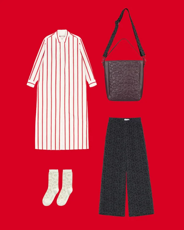 Clockwise from right: Gratha Tote Unikko, Oanet Piirto Unikko Trousers, Linjaus Unikko Socks, and Muovata Puhveli Dress.