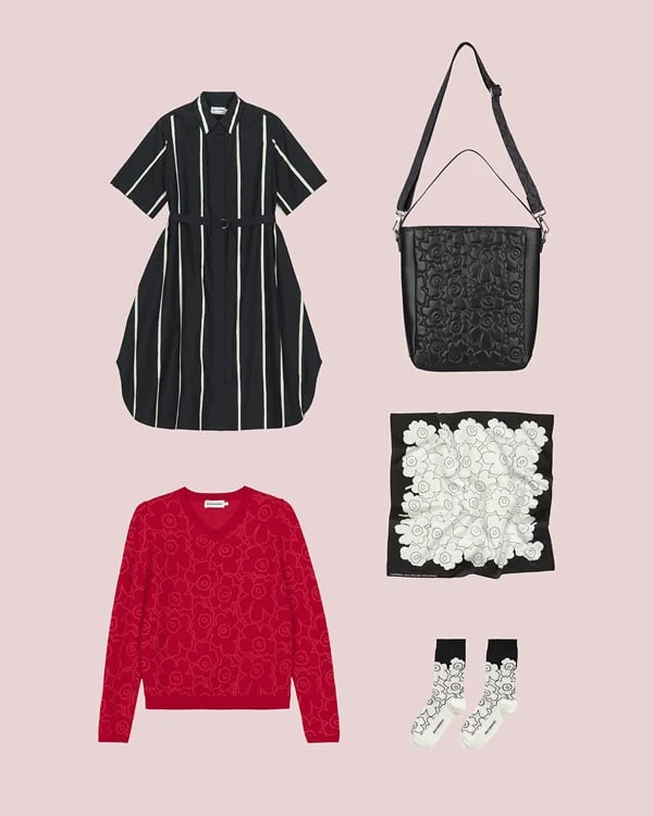 Clockwise from right: Gratha Tote Unikko, Keskiö Piirto Unikko Scarf, Linjaus Piirto Unikko Socks, Mutka Mini Piirto Unikko Knitted cardigan, and Paperi Puhveli Dress