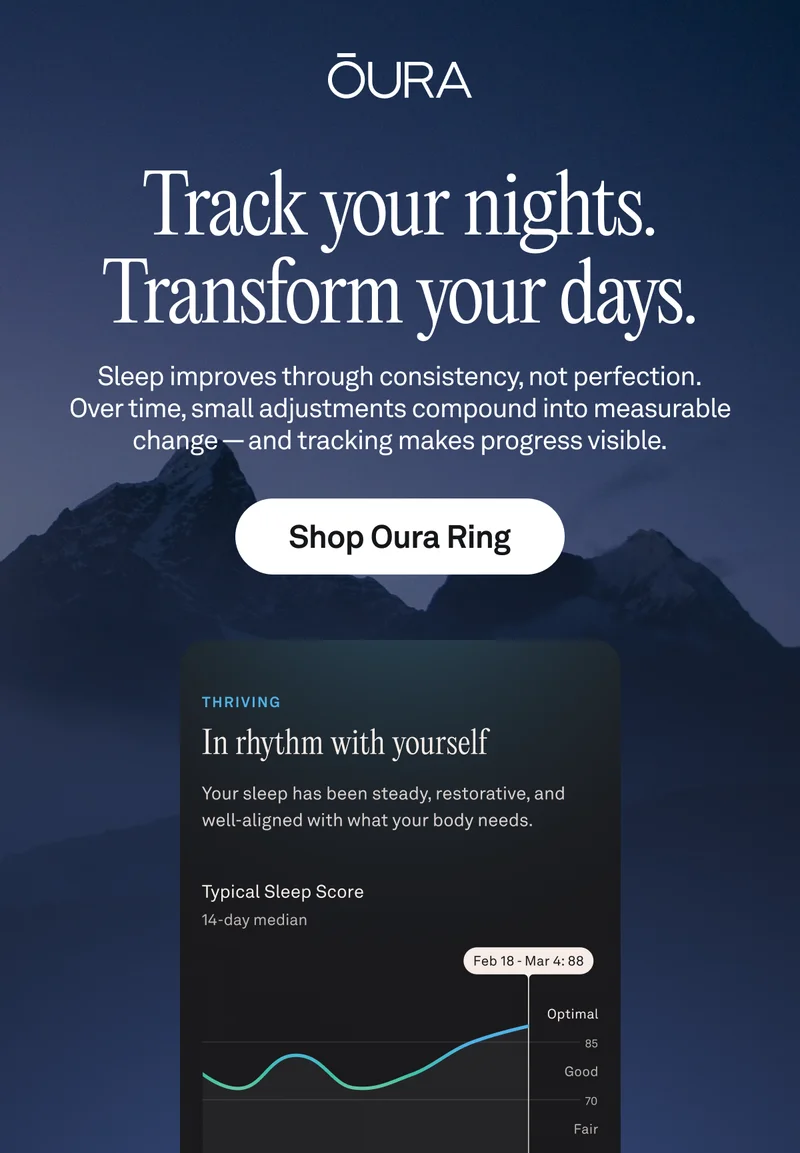 Track your nights. Transform your days. Sleep improves through consistency, not perfection. Over time, small adjustments compound into measurable change — and tracking makes progress visible. Shop Oura Ring