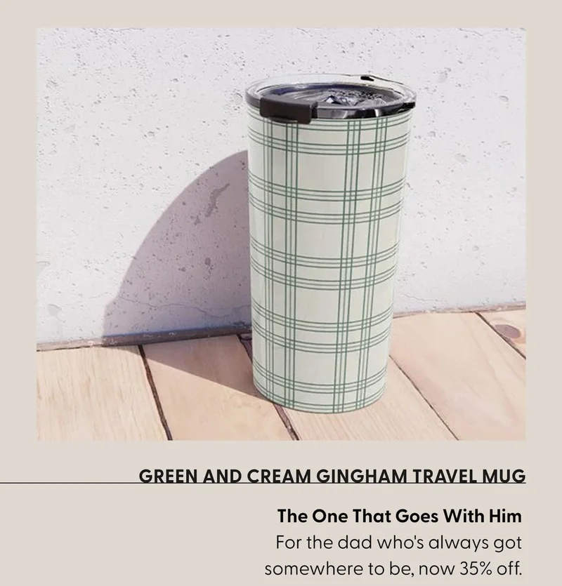 Green and Cream Gingham Travel Mug