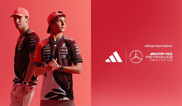 George Russell and Kimi Antonelli in Mercedes-AMG Petronas F1 apparel in red background.