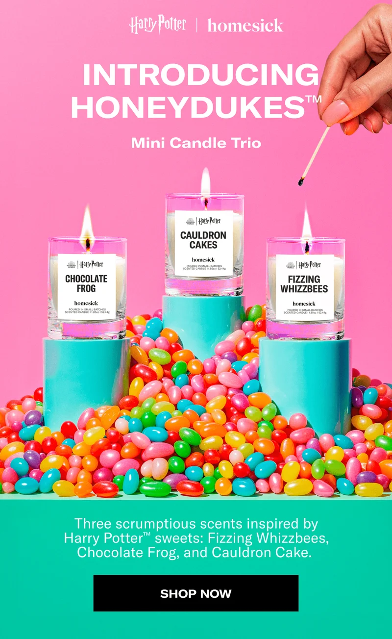 Harry Potter | homesick | &nbsp;INTRODUCING HONEYDUKES™ Mini Candle Trio | Three scrumptious scents inspired by Harry Potter™ sweets: Fizzing Whizzbees, Chocolate Frog, and Cauldron Cake.&nbsp;| SHOP NOW