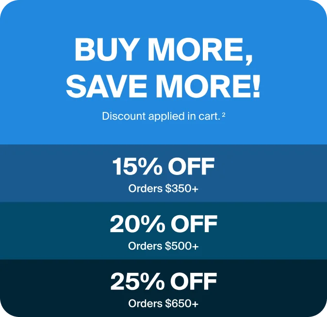 Buy more, save more. 15% off orders over $350. 20% off orders over $500. 25% off orders over $650.
