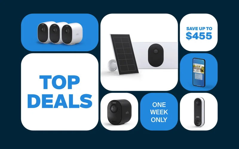 Top Deals. Save up to $455. One week only. Various Arlo products on display.