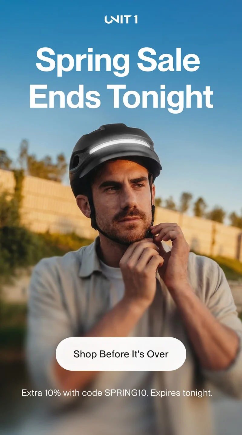 UNIT 1 Spring Sale hero image showing a rider wearing a smart helmet with the message “Spring Sale Ends Tonight,” a “Shop Before It's Over” button, and “Extra 10% with code discount code.”