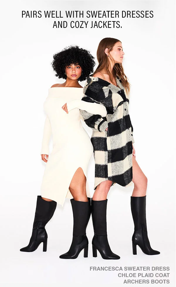 Francesca sweater dress, chole plaid coat, archers boots