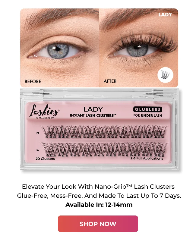 Before and after eye wearing Lady Instant Lash Clusters with product case showing glueless under-lash clusters.