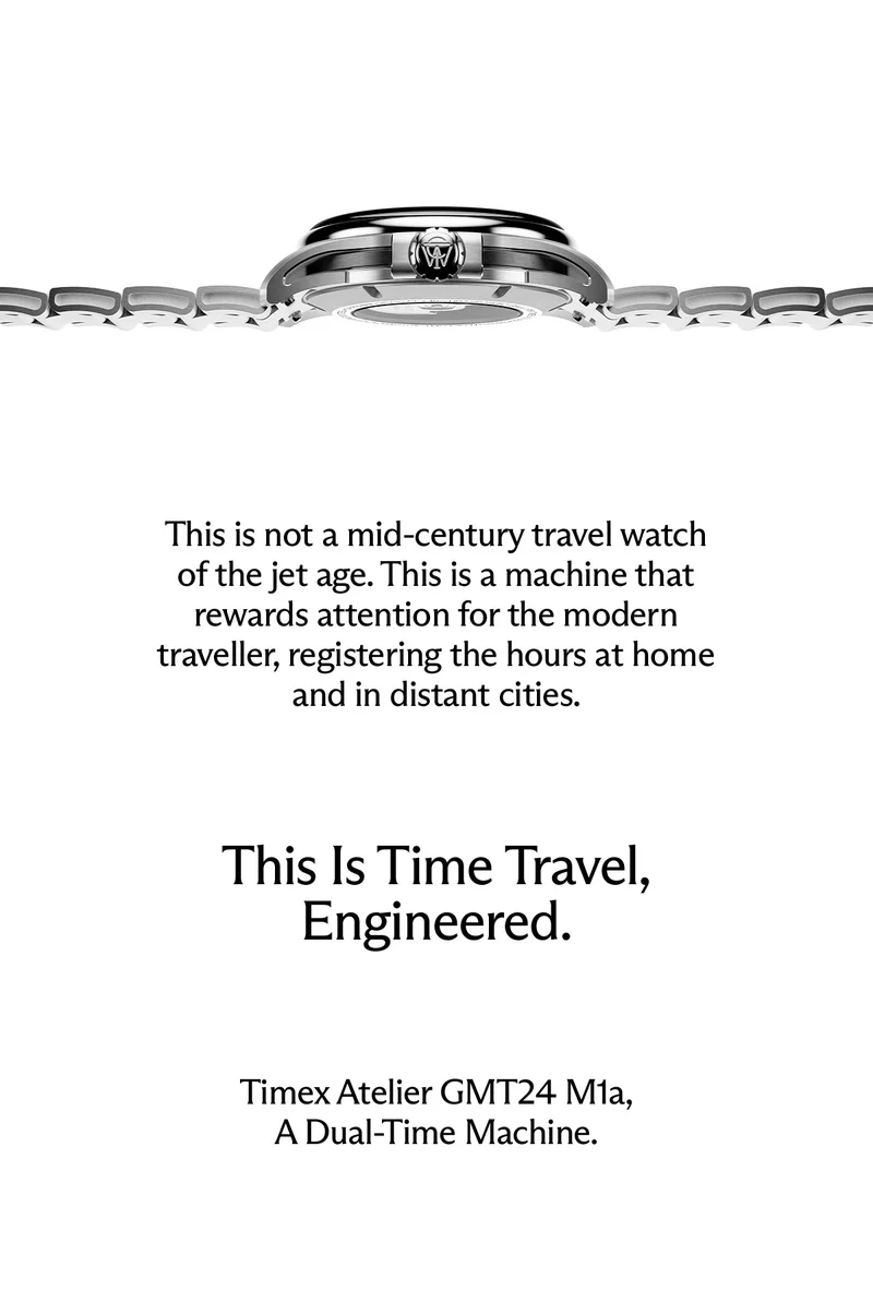 this is not a mid-century travel watch of the jet age. this is a machine that rewards attention for the modern traveller, registering the hours at home and in distant cities. | this is time travel, engineered. | time atelier gmt24 m1a, a dual-time machine.