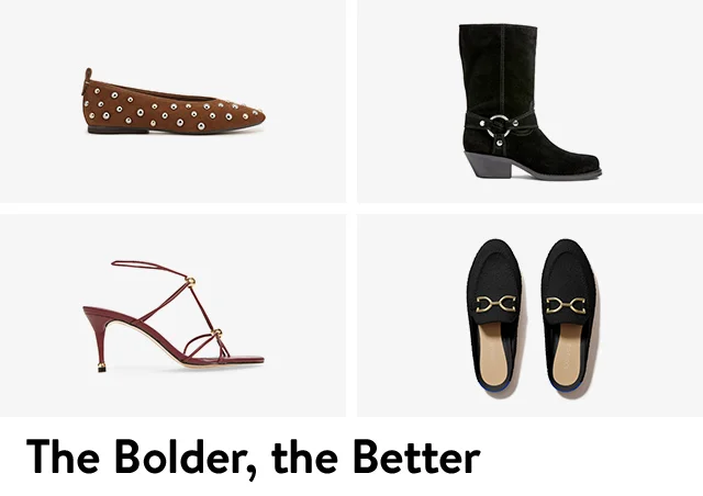 A black boot, brown sandal, brown flat and black loafer with metallic hardware.