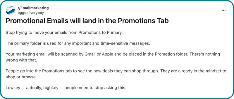 Social post from Reddit about how Promotions Emails will land in the Promotions Tab.
