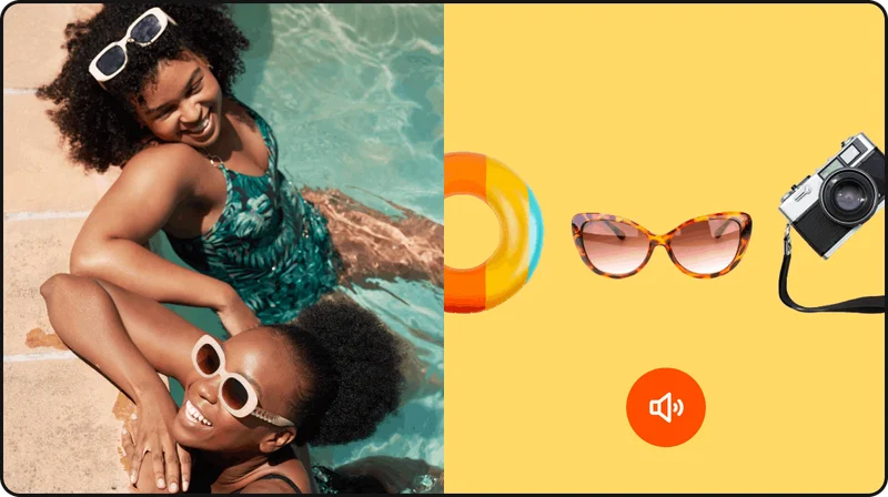 two women in a pool on the left side, then a pool float, sunglasses and a camera on a yellow background on the right side