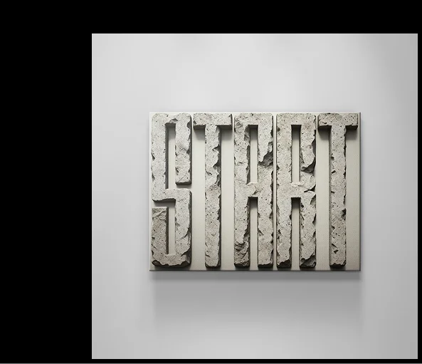 Canvas artwork displaying the word ‘START’ in tall, rugged three-dimensional letters textured like rough stone or concrete.