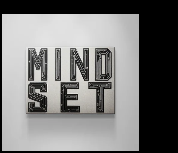 Canvas artwork displaying the word ‘MINDSET’ in bold geometric black lettering styled with intricate circuit-board line details.