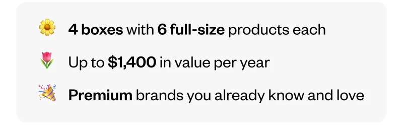 4 boxes with 6 full-size products each | Up to $1,400 in value per year | Premium brands you already know and love