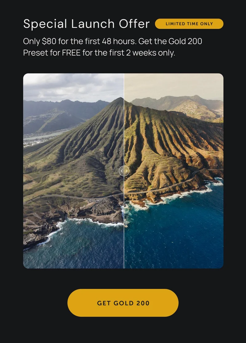 Special Launch Offer Limited time only. Only $80 for the first 48 hours. Get the Gold 200 Preset for FREE for the first 2 weeks only. Get Gold 200.