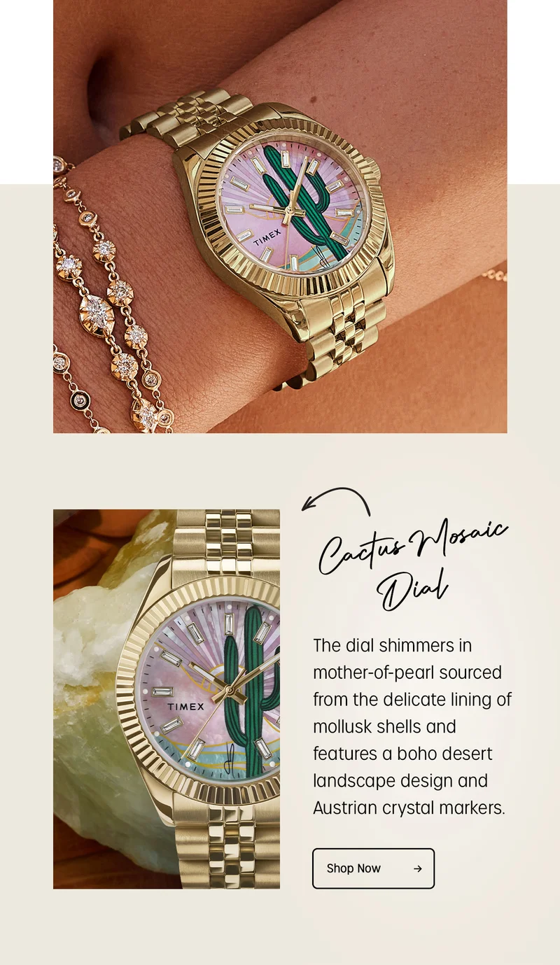 Cactus Mosaic Dial | The dial simmers in mother-of-pearl sourced form the delicate lining of mollusk shells and features a boho desert landscape design and Austrian crystal markers. | Shop Now