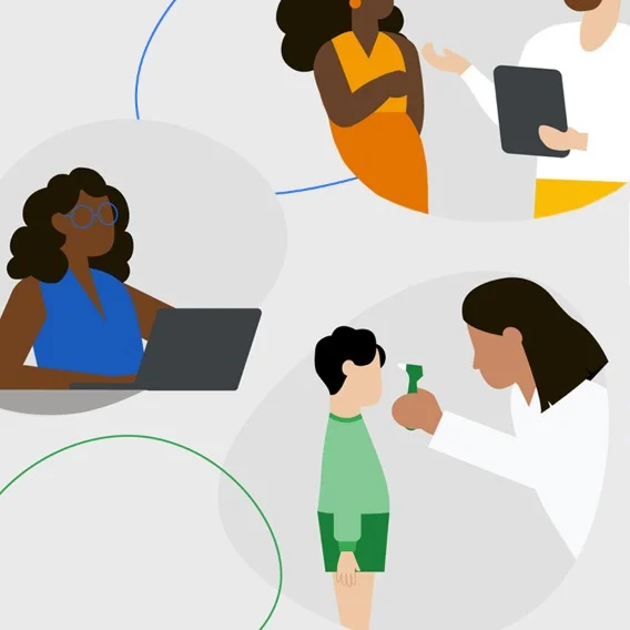 Illustration of a healthcare professional holding a tablet talking to a patient; a person sitting at a laptop; a doctor using an ophthalmoscope to look at a child’s eyes.