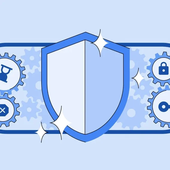 Illustration of a blue shield with a lock, hourglass, X out, and key icon behind it.