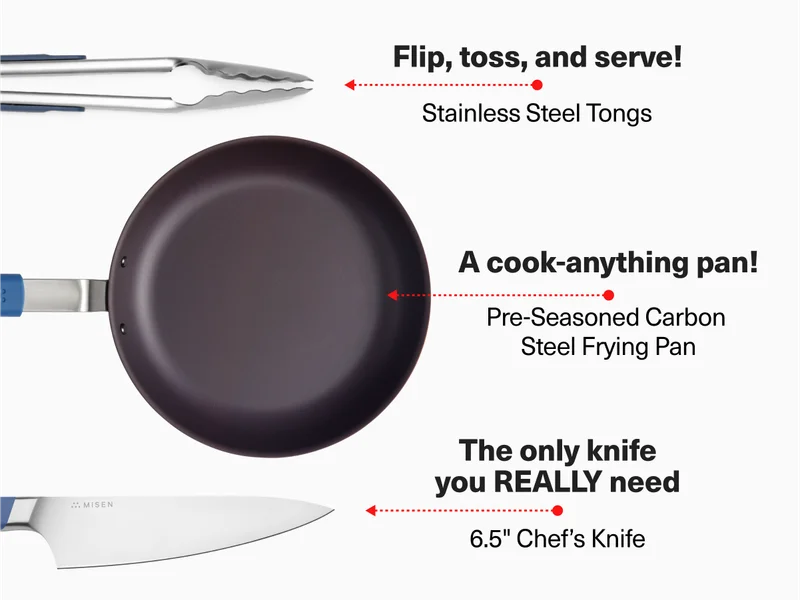 The bundle includes Stainless Steel Tongs, a Carbon Steel Frying Pan, and 6.5" Chef's Knife