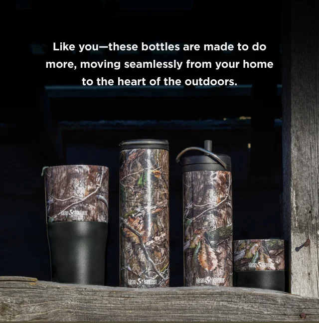 Mossy Oak and Klean Bottles and Tumblers.