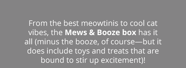 From the best meowtinis to cool cat vibes, the Mews & Booze box has it all (minus the booze, of course—but it does include toys and treats that are bound to stir up excitement)!