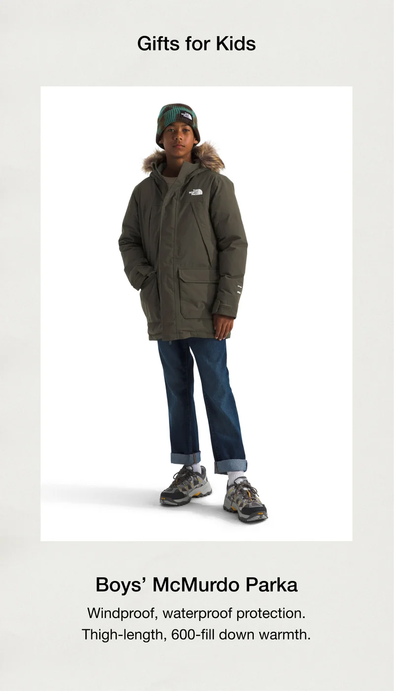 Boys' McMurdo Parka. Windproof, waterproof protection. Thigh-length, 600-fill down warmth.