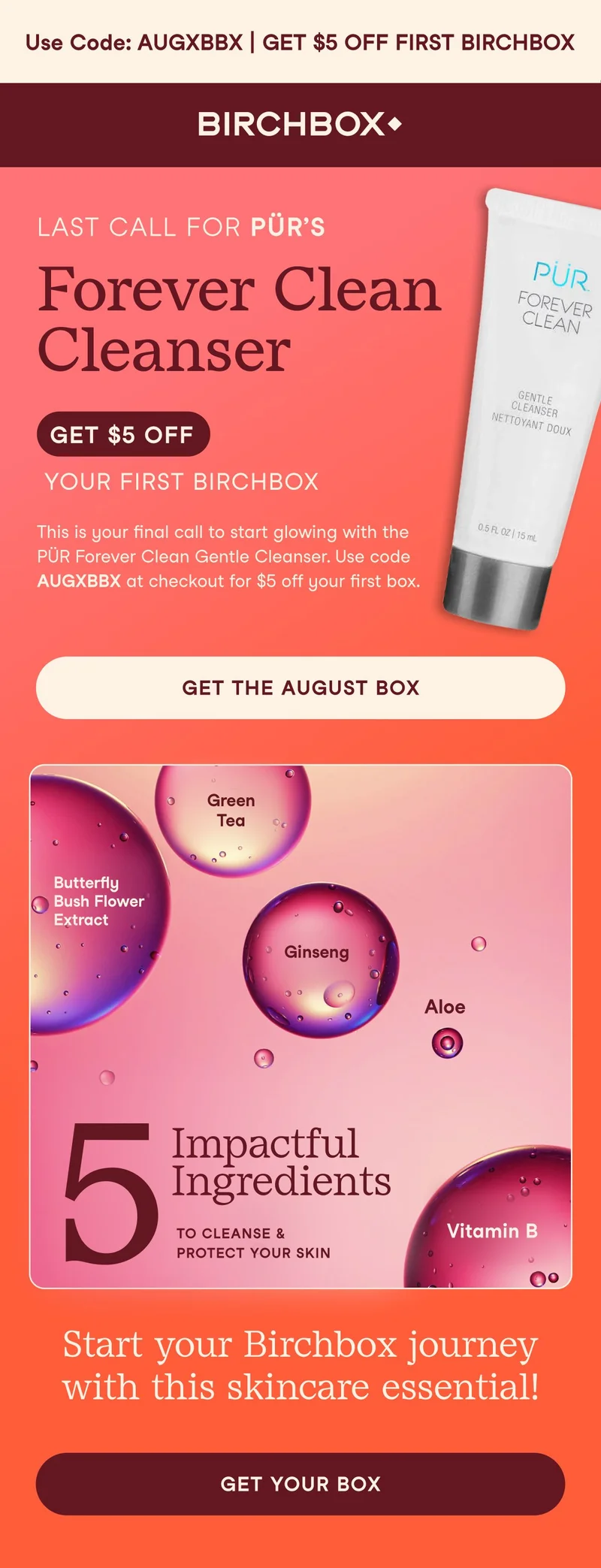 Take 5 off your first birchbox - last chance!
