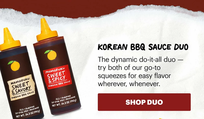 Header: Korean BBQ Sauce Duo  Sub-header: The dynamic do-it-all duo — try both of our go-to squeezes for easy flavor wherever, whenever.  CTA: SHOP DUO