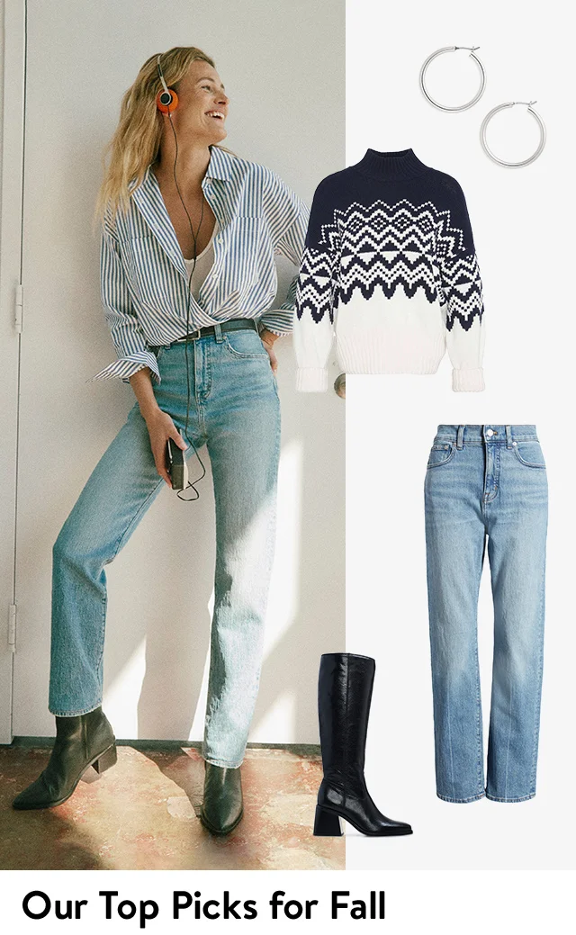 A woman wearing a striped button-front shirt with jeans and black boots. A tall black boot, silver hoop earrings, straight-leg jeans and a patterned sweater.