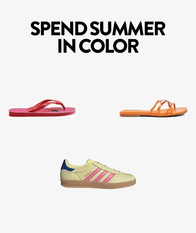 Heels, flats and sneakers in bright colors.