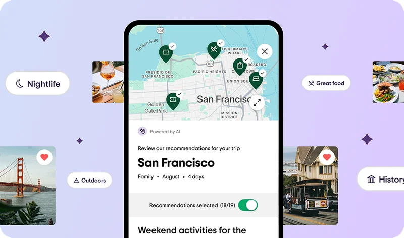 Image Description: A phone screen with a map of San Francisco and geo pins identifying restaurants, attractions, stores, and hotels. Under the map is a prompt to see recommendations for a San Francisco trip. Images of different San Francisco landmarks with hearts and AI sparkles are floating in the background, along with categories including “Nightlife,” “Outdoors,” “Great Food,” and “History.”
