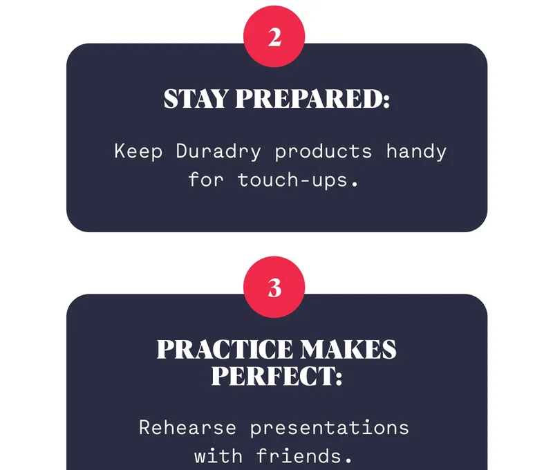 2 Stay Prepared:  Keep Duradry products handy for touch-ups. 3  Practice Makes Perfect: Rehearse presentations with friends.