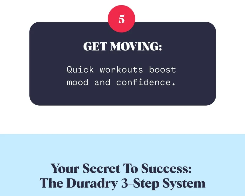 5 Get Moving: Quick workouts boost mood and confidence. Your Secret To Success: The Duradry 3-Step System