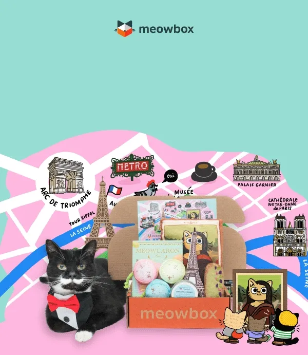 Goodies your cat will Louvre. Image of a black white spotted cat with a red bowtie sitting next to the Playtime in Paris meowbox (featuring toys like the Meowcaron, Meowna Lisa, La Tour Sniffel toys and more)