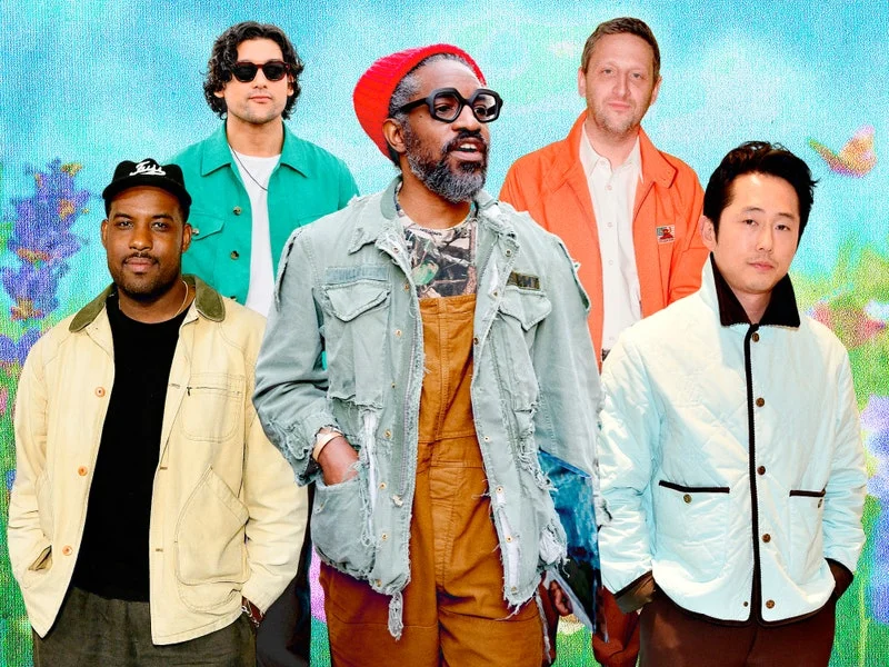 Image may contain: André 3000, Steven Yeun, Don Cannon, Tim Robinson, Will Sharpe, Clothing, Coat, Jacket, People, and Person