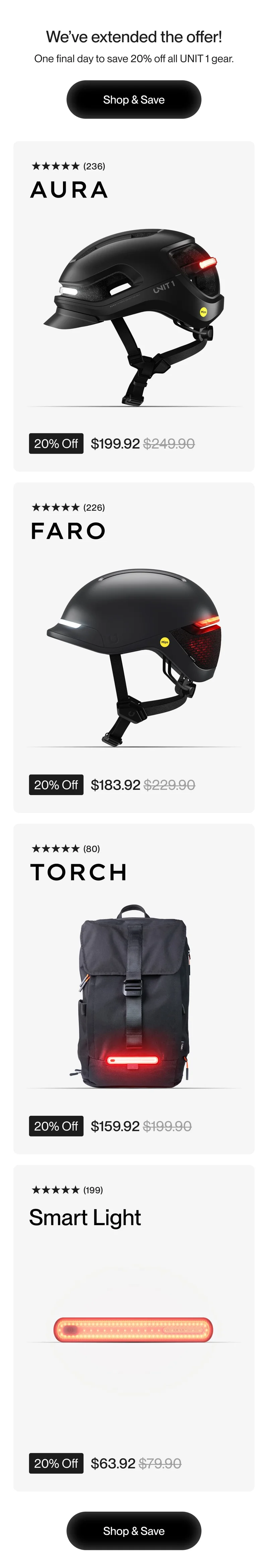 Extended offer: 20% off AURA, FARO, TORCH, and Smart Light — only today. Shop now.