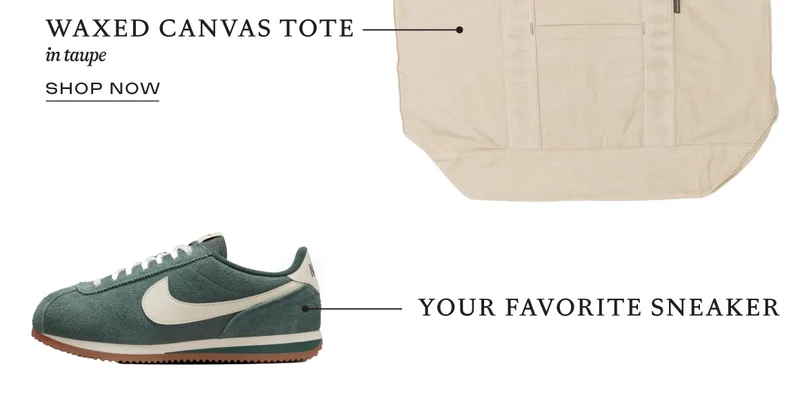 Waxed Canvas Tote in taupe. Shop now! + add your favorite sneaker.