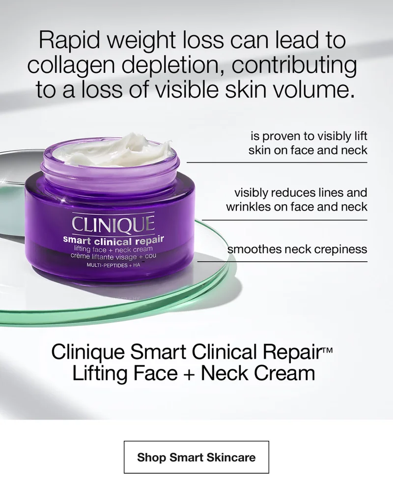 Rapid weight loss can lead to collagen depletion, contributing to a loss of visible skin volume. | is proven to visibly lift skin on face and neck | visibly reduces lines and wrinkles on face and neck | smoothes neck crepiness | Clinique Smart Clinical Repair™ Lifting Face + Neck Cream | Shop Smart Skincare