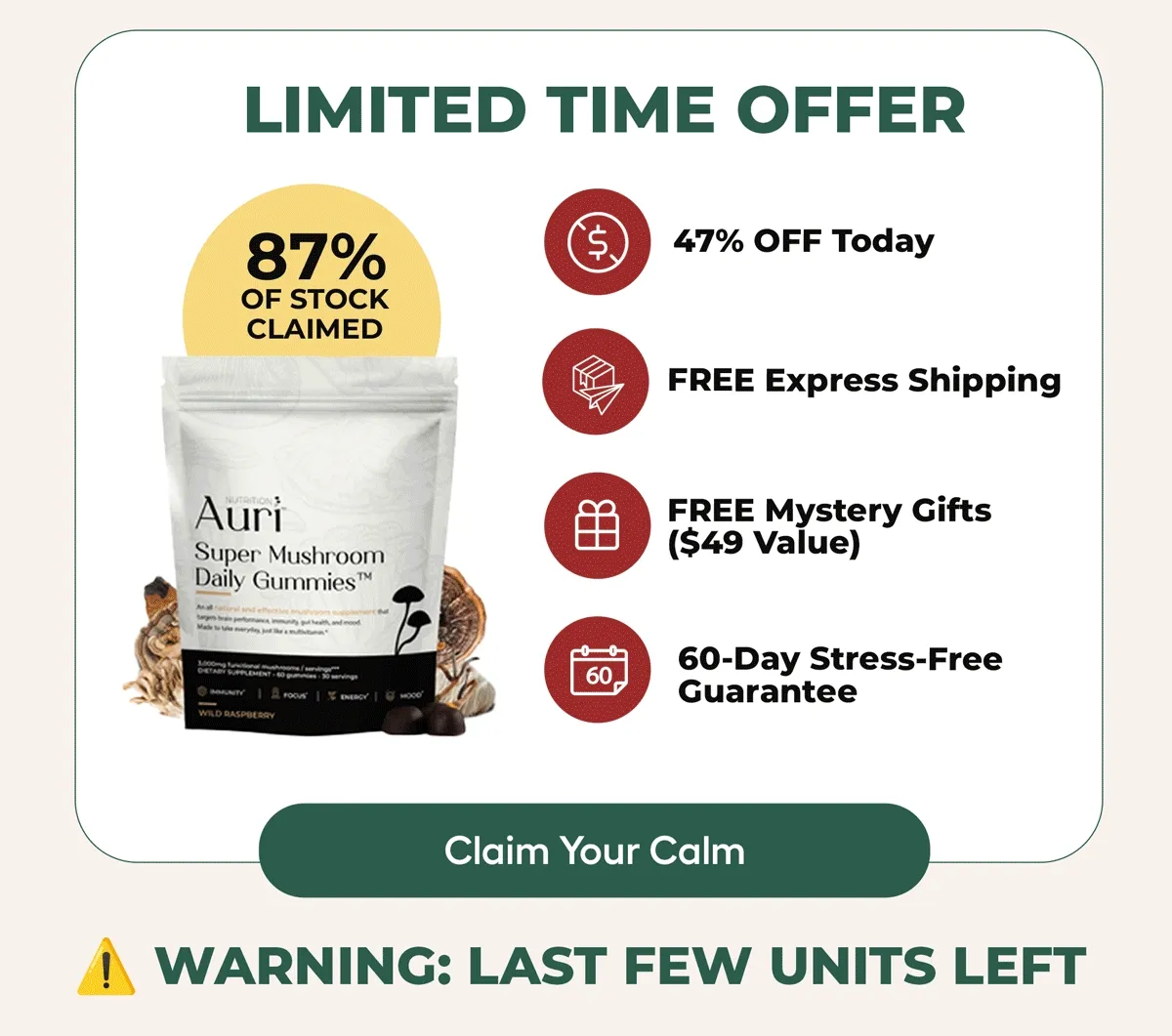 LIMITED TIME OFFER. 47% OFF Today FREE Express Shipping FREE mystery Gift ( $49 Vale)...60-Day Stress-Free Guarantee Claim Your Calm WARNING: LAST FEW UNITS LEFT