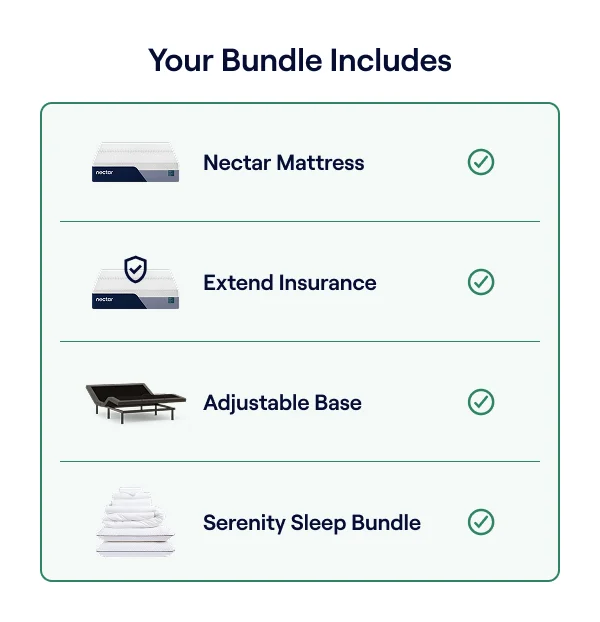 Your bundle includes: Mattress, Extend Insurance, Adjustable Base & Serenity Sleep Bundle