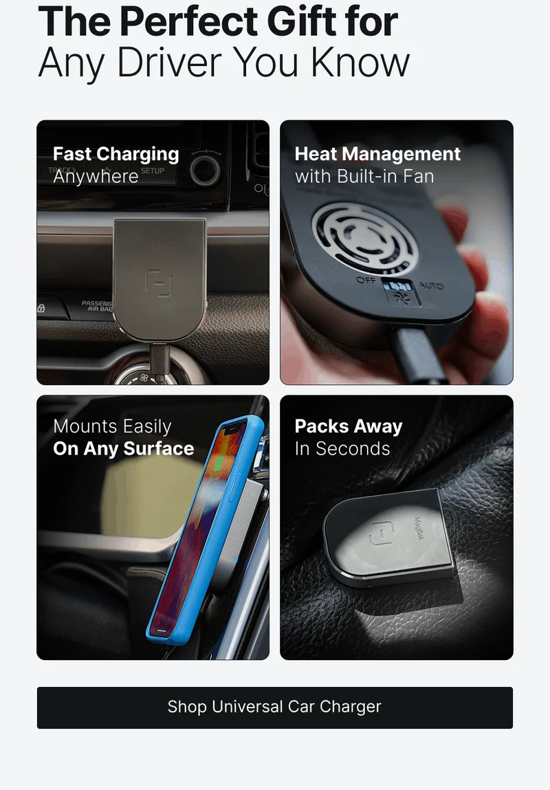 The Perfect Gift for Any Driver You Know Fast Charging Anywhere Heat Management with Built-in Fan Mounts Easily On Any Surface Packs Away In Seconds