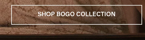 Intricate brown and gold damask fabric. White button overlay: "SHOP BOGO COLLECTION" for stylish apparel and exciting buy one get one deals.