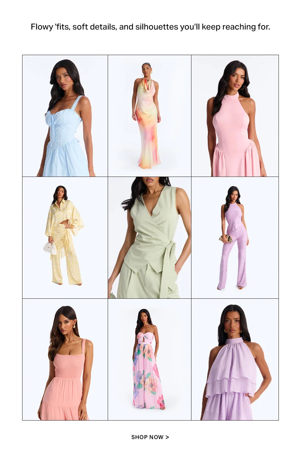 Nine models in a grid showcasing versatile flowy dresses, jumpsuits, and soft pastel separates from a new women's apparel collection.
